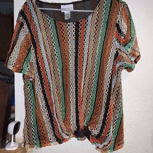 Alfred Dunner Green Orange Black Crochet Stripe Short Sleeve Top